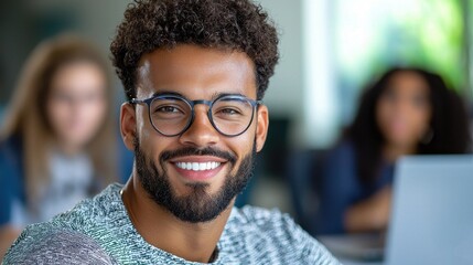 Cheerful Smiling African American Man with Curly Hair and Glasses in Professional Setting  Portrait of a confident friendly and happy young adult businessman or student