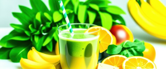 Photo of a glass of green smoothie with a green straw, surrounded by various fruits including bananas, apples, oranges, and a pomegranate, all on a white surface with a light background, vibrant color