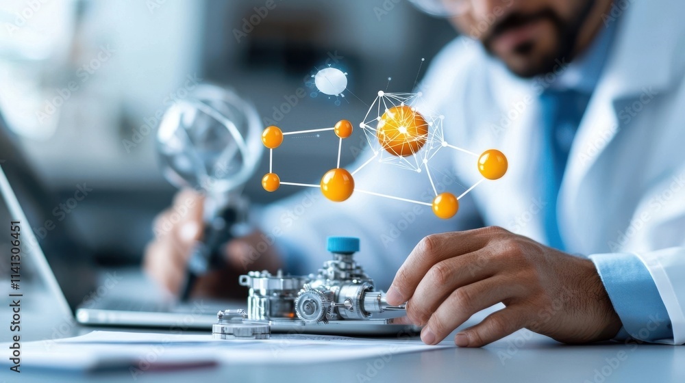 Aufkleber a scientist in a white lab coat closely examining a molecular structure displayed on a digital scree