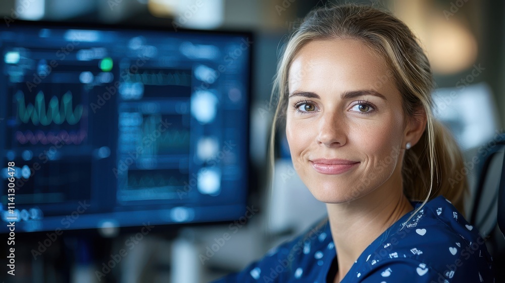 Poster confident and smiling blonde female executive analyzed digital data and analytics on computer monito