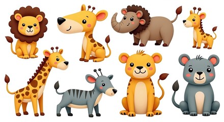 Fototapeta premium Cute Cartoon Wild Animals Illustration Collection Featuring Lions, Giraffes, Rhinos, and More for Children's Designs and Educational Projects