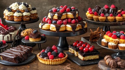 An artistically decorated dessert buffet featuring tiered cake stands filled with éclairs, tarts, and pastries, drizzled with chocolate and topped with berries. The refined layout emphasizes 