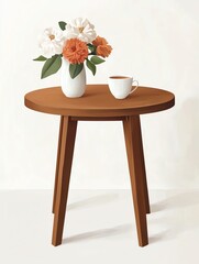 A wooden round table holds a vase of flowers and a coffee cup, creating a warm and inviting aesthetic for any space.