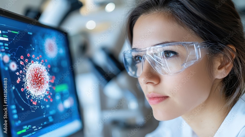 Poster focused female scientist wearing protective eyewear examining data on computer monitor while conduct