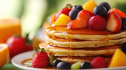 Delicious Pancakes Topped with Fresh Berries and Peaches, Drizzled with Golden Syrup
