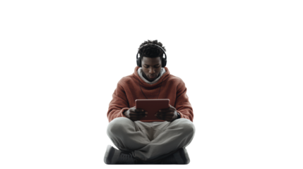 Young Person Engaged in Digital Content Consumption While Seated in a Cozy Sweater and Headphones