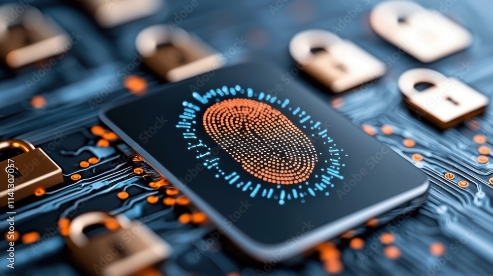 Poster futuristic digital technology background with fingerprint scanning sensor on electronic circuit boar
