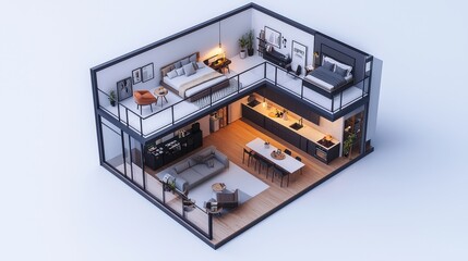 A minimalist 3D isometric open-concept loft apartment isolated on white, featuring a clean living area with modular furniture, a stylish kitchen with matte cabinets, and a mezzanine bedroom 