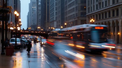 Fototapeta premium Bustling Urban Street with Modern Vehicles in Motion