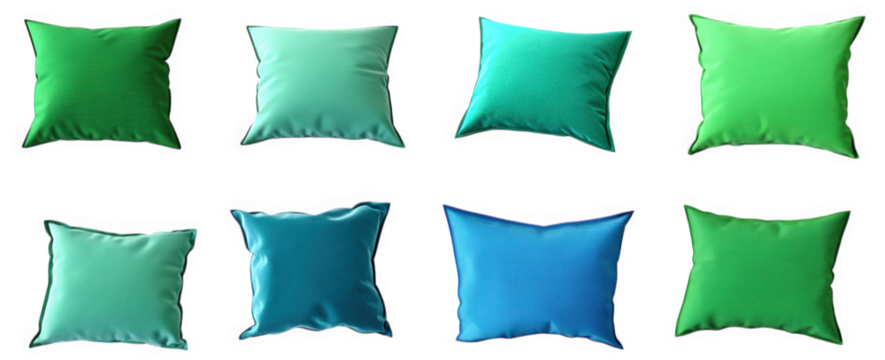 eight pillows in green. turquoise. and blue shades arranged in two rows of four on a transparent background