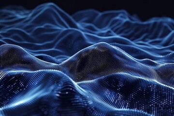 Fototapeta premium An abstract dark blue digital background with deep-depth regions and glistening blue light particles Lines are formed by particles. Generative Ai