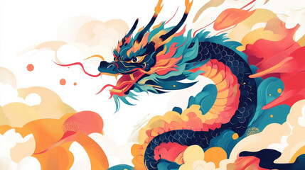 Chinese dragon with horns close-up on white background, stylish illustration