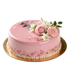 Pink mousse cake with mirror glaze decorated with flowers