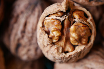Close-Up of a Walnut in Shell with Blurred Background