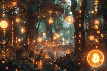 Obraz premium A serene and contemplative collection of bitcoin symbols drifting softly through a bright woodland. Generative Ai