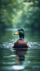 Fototapeta premium Duck swimming on calm water, focus on its head.