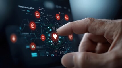 Closeup shot of a high tech futuristic digital interface with a holographic heads up display dashboard showing data analytics and monitoring information
