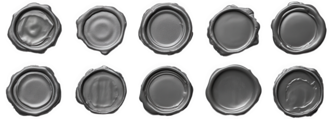 ten grey wax seals on a transparent background the seals are all round and have a smooth surface they are arranged in two rows of five
