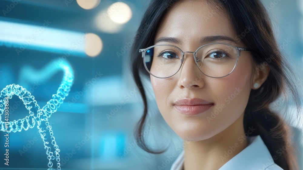 Poster determined and focused female professional in glasses intently examining digital information and dat