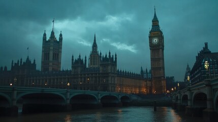 Naklejka premium London's Majestic Parliament at Dusk: A Serene Twilight View