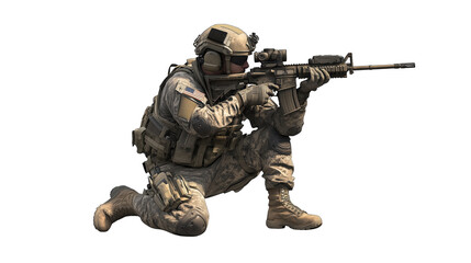 An American soldier in full gear on transparent background