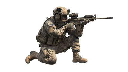 An American soldier in full gear on transparent background
