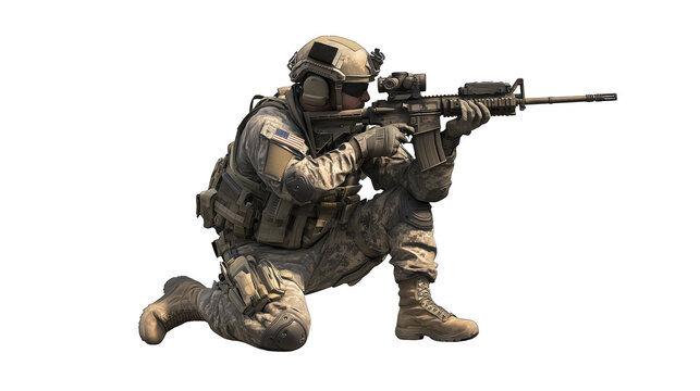 An American soldier in full gear on transparent background
