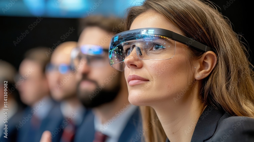 Poster close up of a woman wearing a sleek high tech augmented reality headset while attending a business c