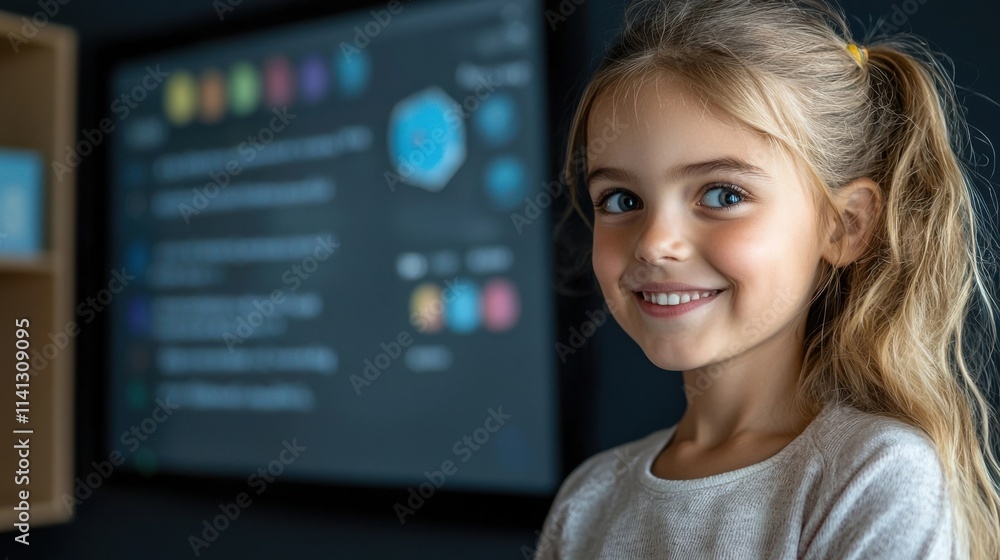 Poster cheerful and curious young blonde girl exploring and analyzing an educational digital interface or d