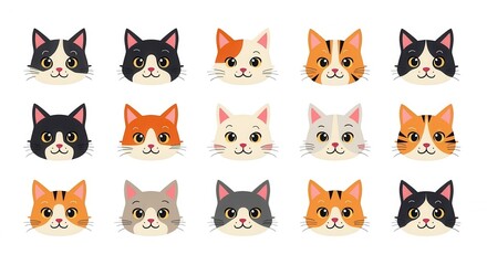 Cute Cat Faces Cartoon Illustration Collection with Adorable Expressions - Perfect for Kids, Crafts, Stickers, and Designs