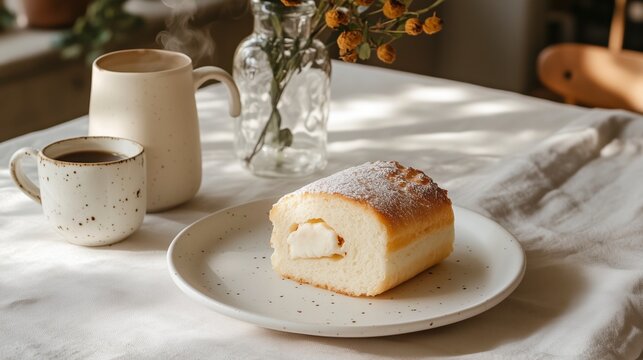 Cozy Morning Breakfast in Natural Sunlight Featuring Warm Coffee, Homemade Pastry, Flowers: Perfect Close-Up for Comfort and Lifestyle Blogs, Afternoon Tea, Recipes, and Baking Products