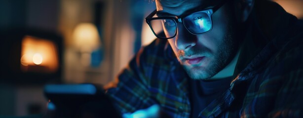 Man scrolling through social media on his phone at night in a dimly lit room with a focused expression