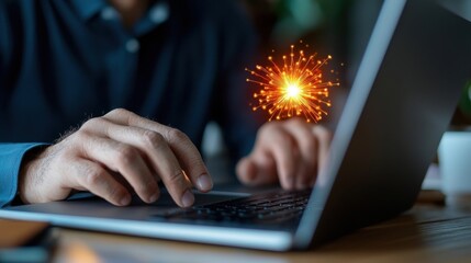 Businessman working intently on laptop computer at his desk in a modern well lit office workspace  Concept of technology productivity digital enterprise and professional business