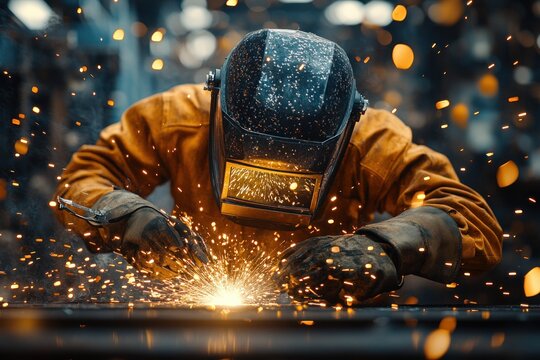 Welder Working in Industrial Factory with Sparks Flying and Precision Tools for Metal Cutting