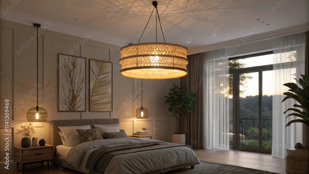 Poster a soft dimmable pendant light hangs from the ceiling casting a warm glow throughout the room perfect