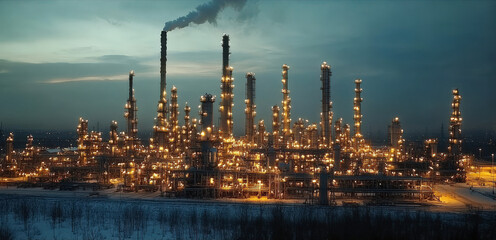 Obraz premium In the evening, the high tower of the refinery by the seaside was illuminated with lights