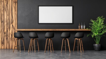 Modern Minimalist Bar Interior with Black Stools and Large Blank Frame Against Dark Wall Background. 3D rendering