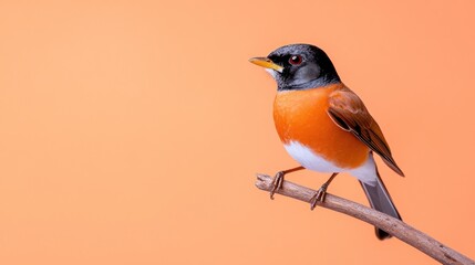 A vibrant bird perched on a branch against a soft orange background.
