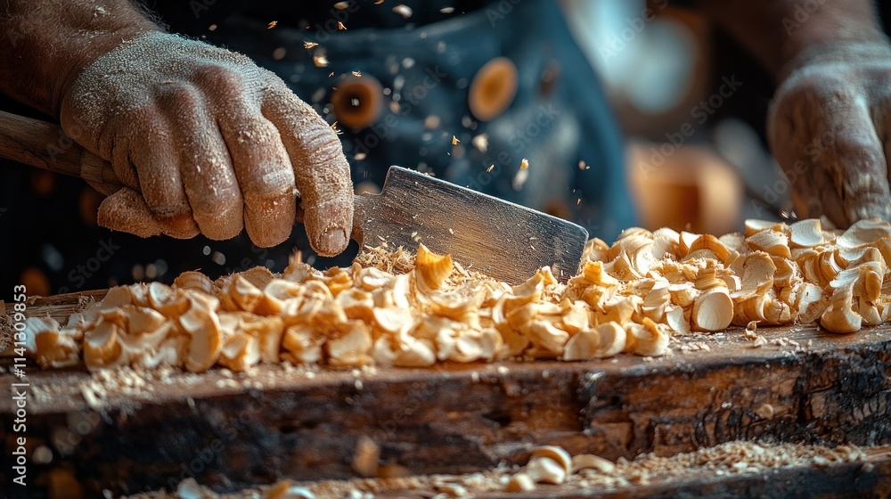 Poster a craftsman shaping wood with a chisel, creating shavings in a workshop.