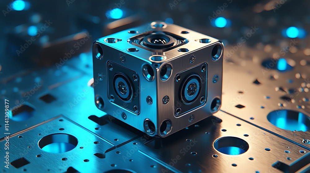 Poster Futuristic metallic cube with intricate details, resting on a technological surface.