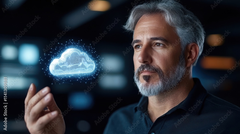 Poster futuristic man holding a holographic cloud technology interface showcasing innovative digital data v