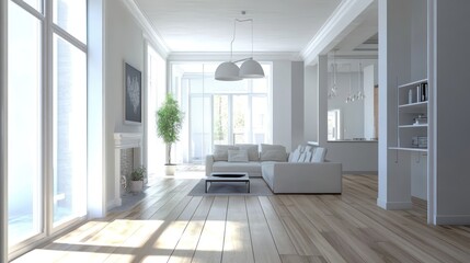 Bright Minimalist Living Room Design: Modern White Interior with Large Windows and Sunlight