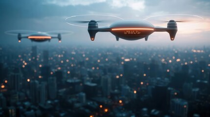 Aerial view of a drone or unmanned aerial vehicle UAV hovering above an illuminated cityscape at dusk with a dramatic cloudy sky and vibrant sunset colors in the background