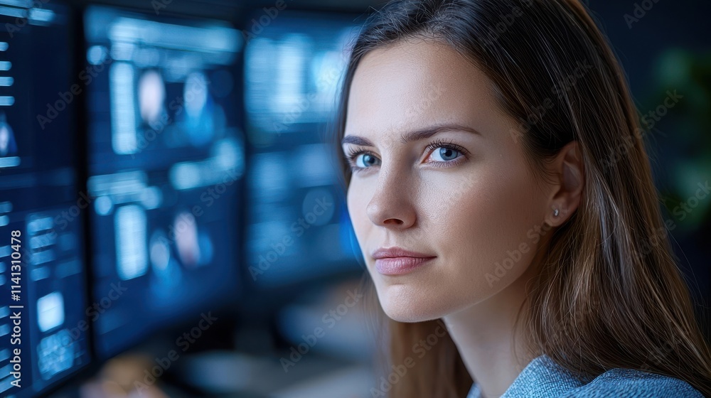 Poster serious and focused female tech professional analyzing data and information on computer screen in mo