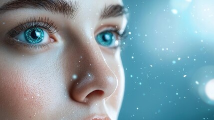 Closeup portrait of a thoughtful ethereal looking woman with sparkling snow and a glowing winter inspired beauty