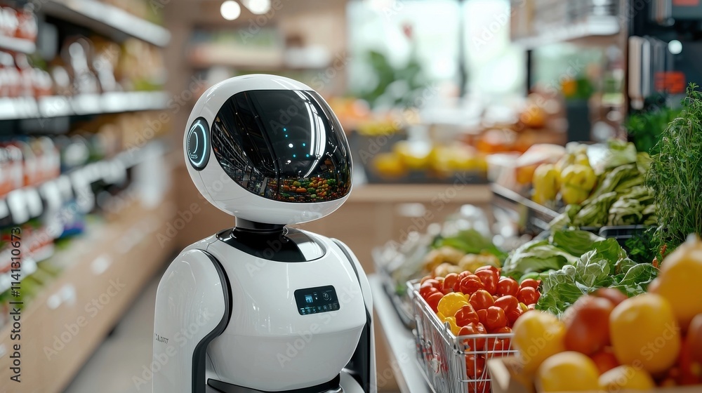 Poster intelligent robotic assistant browsing produce shelves and aisles in a high tech automated grocery s
