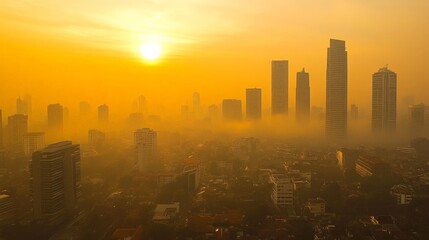Fototapeta premium Smoggy City Skyline at Sunrise with Silhouetted Buildings