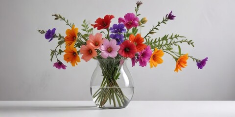 Freeisa flowers in a glass vase with a simple white background, home decor, flowers in vase, flowers in glass