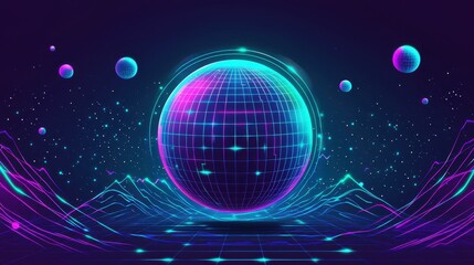 Obraz premium A sleek holographic sphere illustration at the center of a futuristic background, emitting glowing data lines and light waves. Floating particles and abstract grid patterns surround the sphere, 