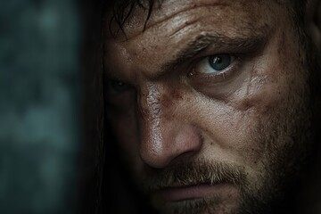 Obraz premium Weathered Mans Face Partially Hidden In Shadow